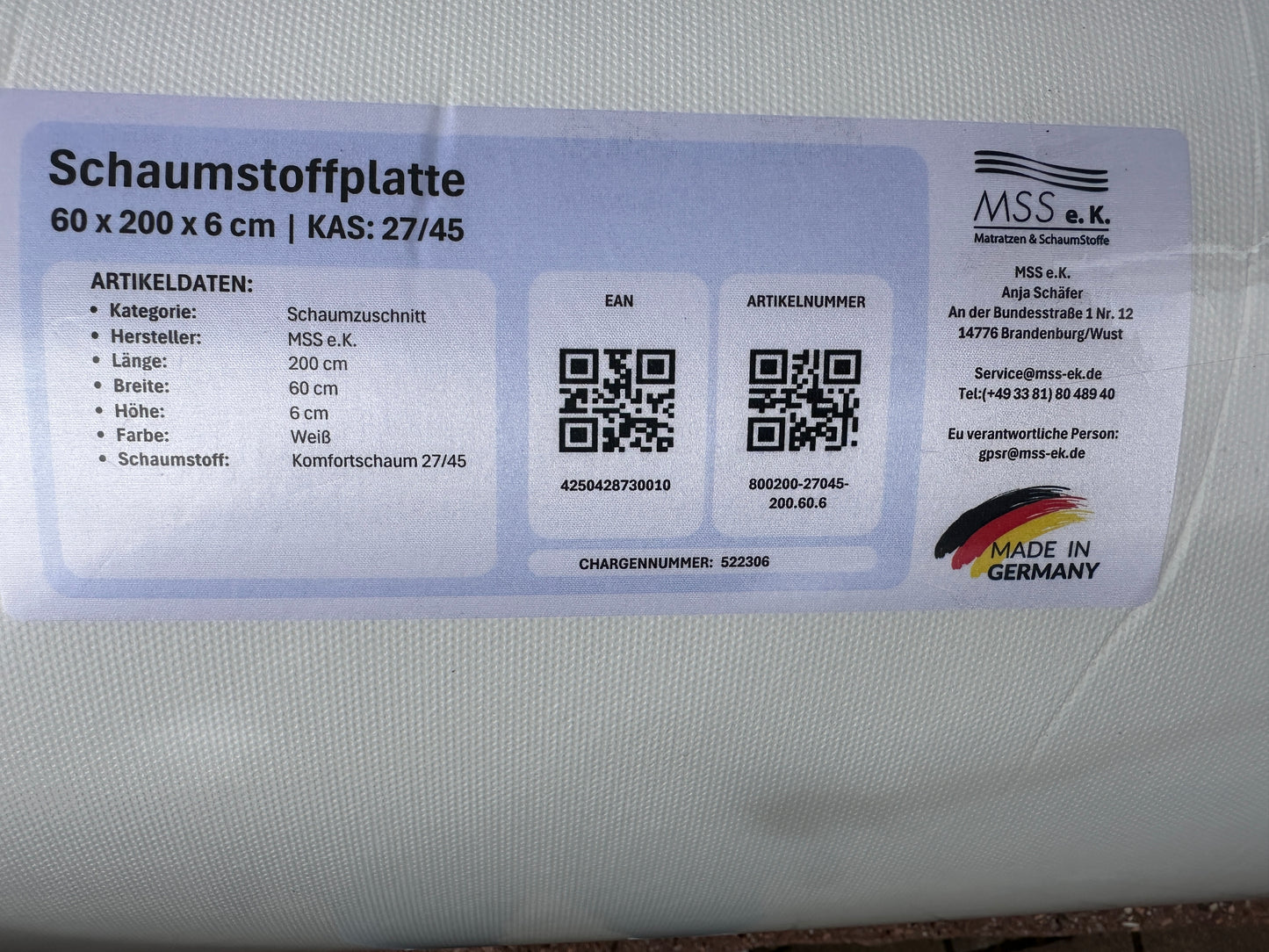 Schaumstoffplatte 200x60x6 cm MSS e.k